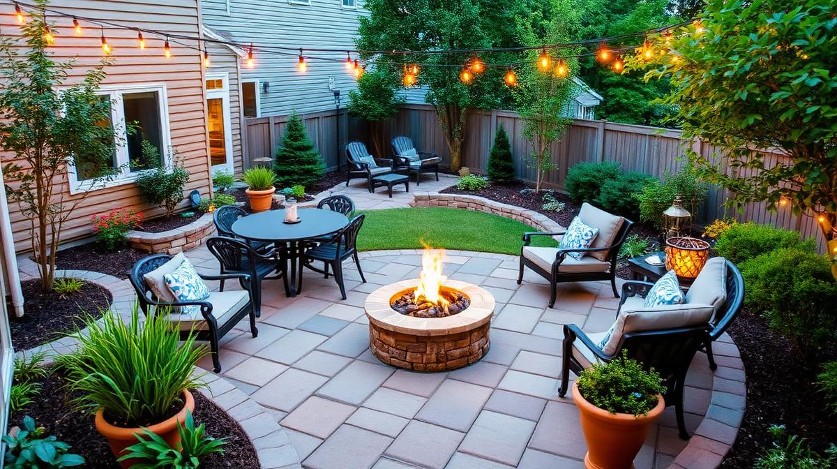 Beautiful small backyard patio with fire pit and string lights