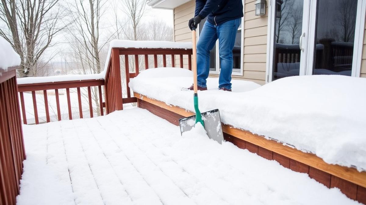 Shoveling snow off a deck in winter